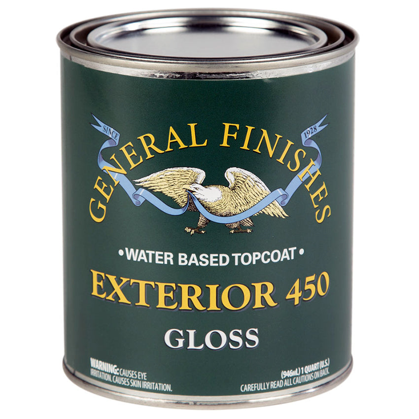 General Finishes Exterior 450 water-based topcoat gloss quart can on a white background