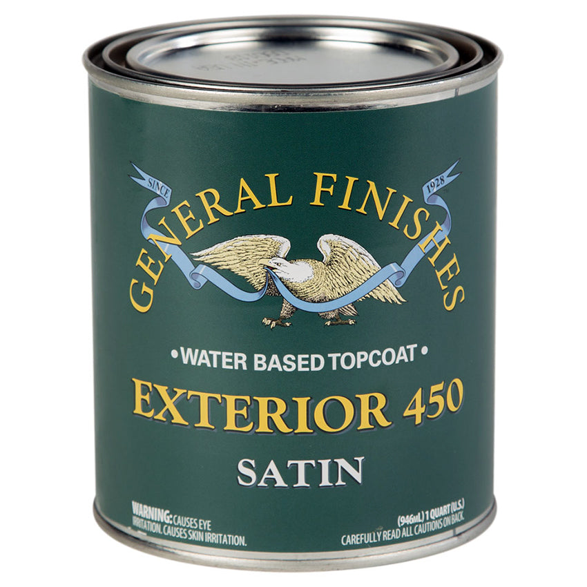 Can of General Finishes Exterior 450 satin quart paint on a white background