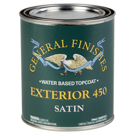 Can of General Finishes Exterior 450 satin quart paint on a white background
