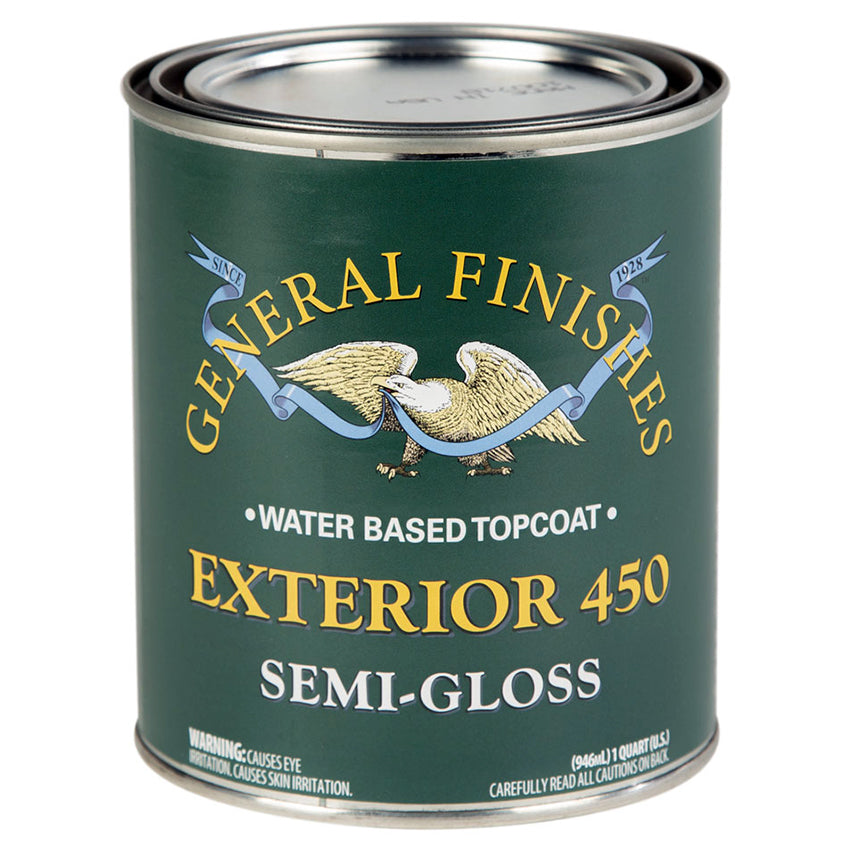 Can of General Finishes Exterior 450 water-based topcoat semi-gloss quart paint can on a white background