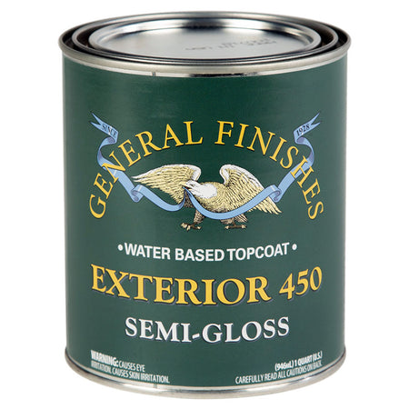 Can of General Finishes Exterior 450 water-based topcoat semi-gloss quart paint can on a white background