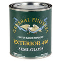 Can of General Finishes Exterior 450 water-based topcoat semi-gloss quart paint can on a white background