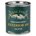 Can of General Finishes Exterior 450 satin quart paint on a white background