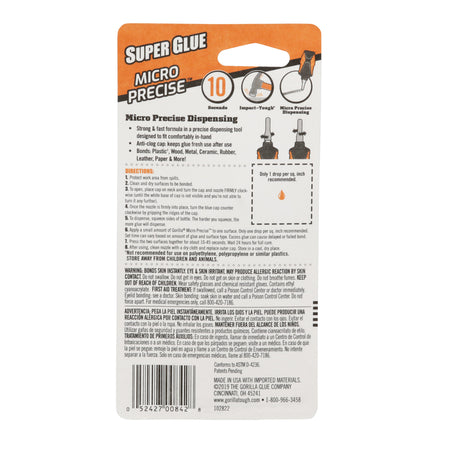 Gorilla Super Glue Micro Precise 5.5 gm back label on package.