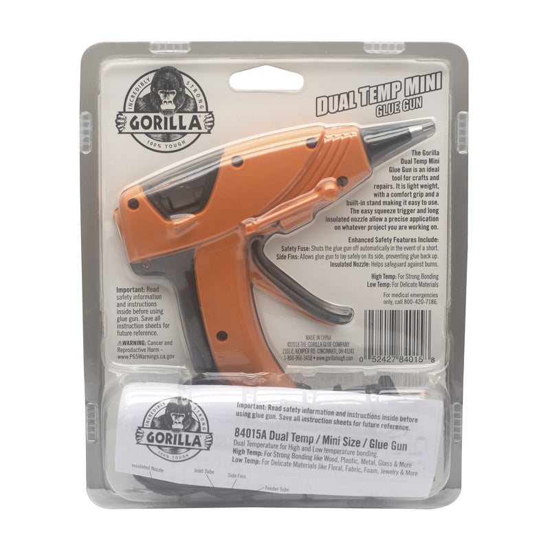 Gorilla Dual Temperature Mini Glue Gun 8401502 back of packaged product.