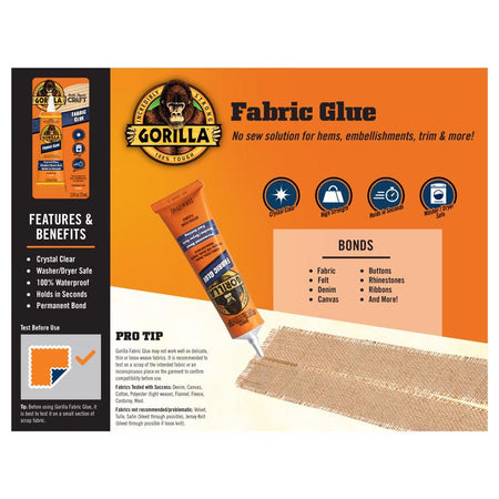Gorilla Fabric Glue product highlight infographic.