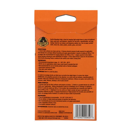 Gorilla 2 Oz Removable Mounting Putty 102745 back label