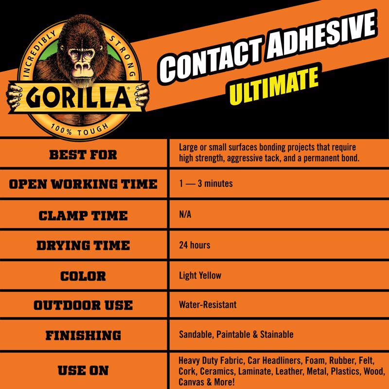 Gorilla Ultimate High Strength Contact Adhesive 109852 specs infographic