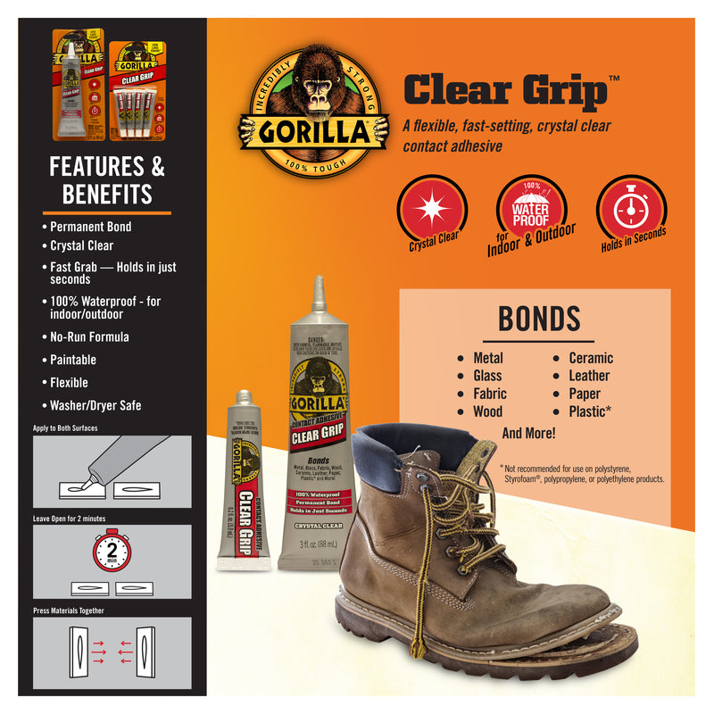 Gorilla Clear Grip Contact Adhesive 3 Oz 8040002 features and benefits infographic