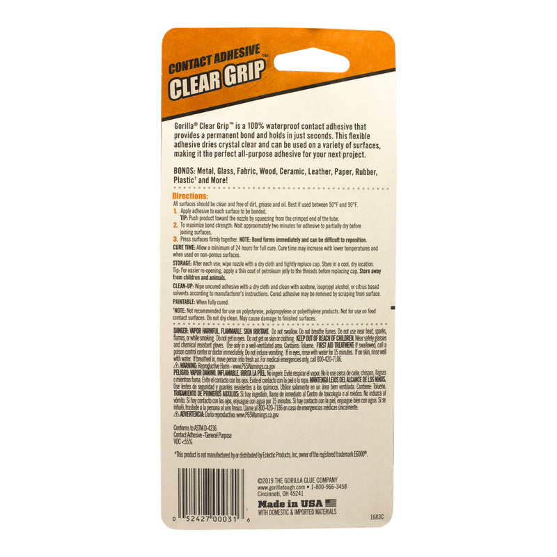 Gorilla Clear Grip Contact Adhesive 3 Oz 8040002 back label