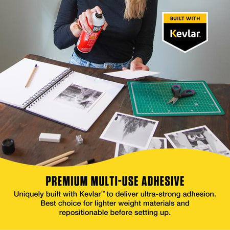 Great Stuff Multi-Use Premium Mist Spray Adhesive being applied to the back of a picture for a scrapbook.