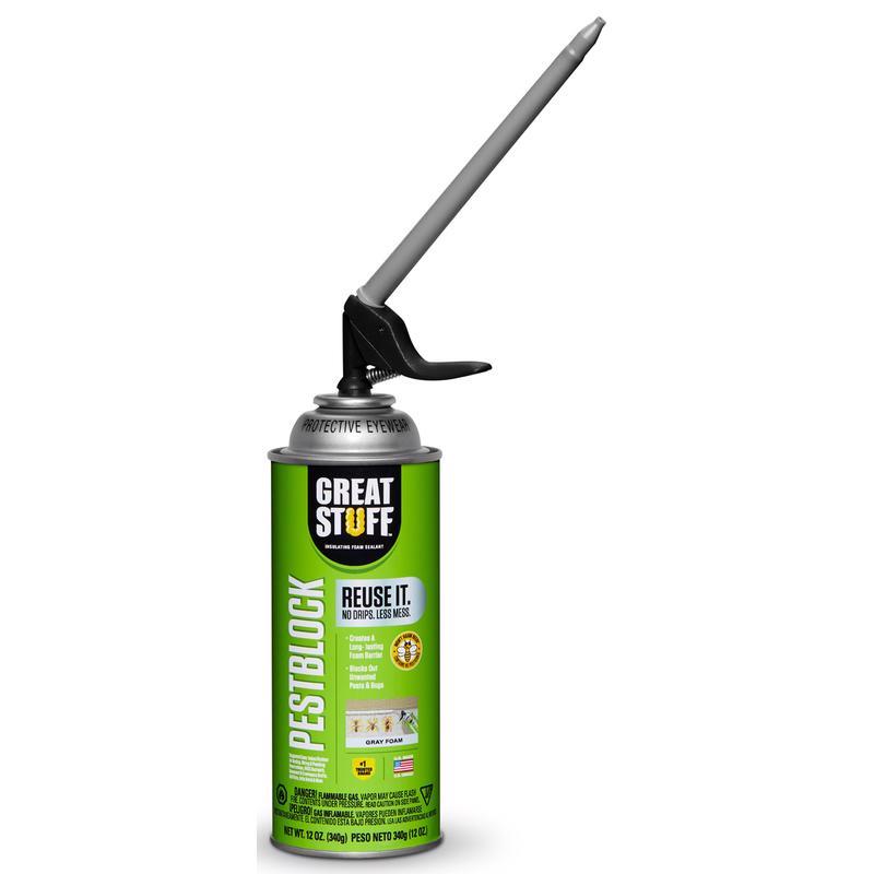 Great Stuff Smart Dispenser Pestblock Gray Polyurethane Insulating Foam Sealant with dispensing hose attached.