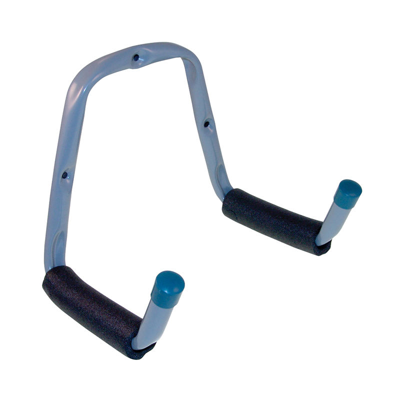 Wall-mounted ladder hook with blue accents on a white background