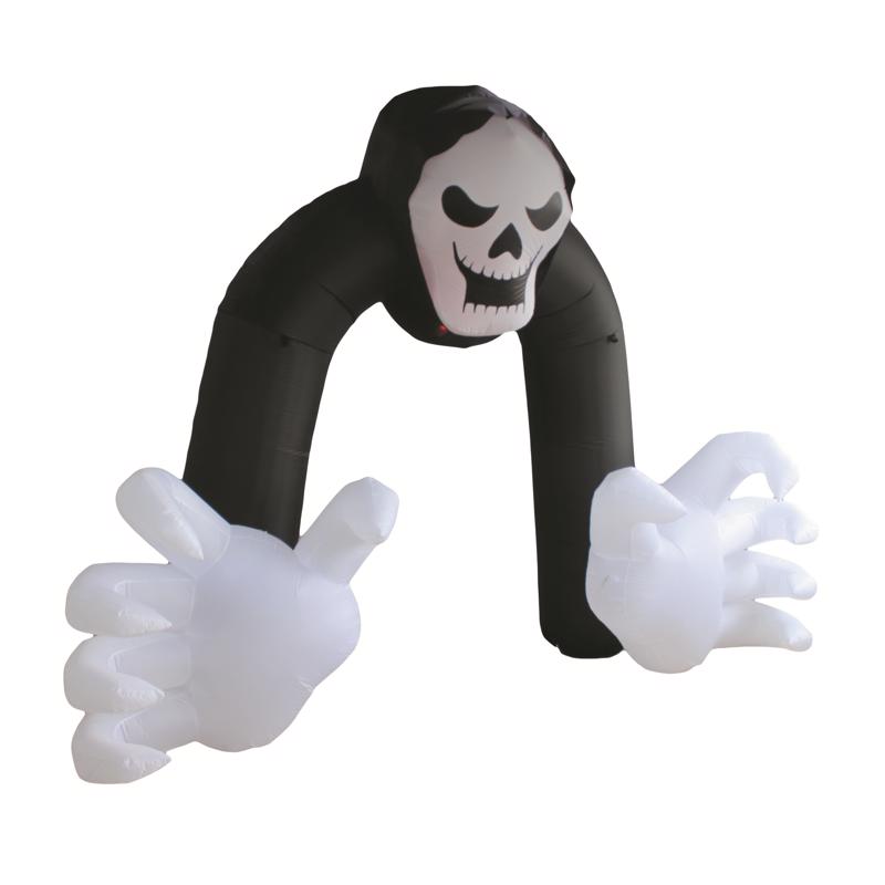 Inflatable skeleton arm decoration with a skull face on a white background
