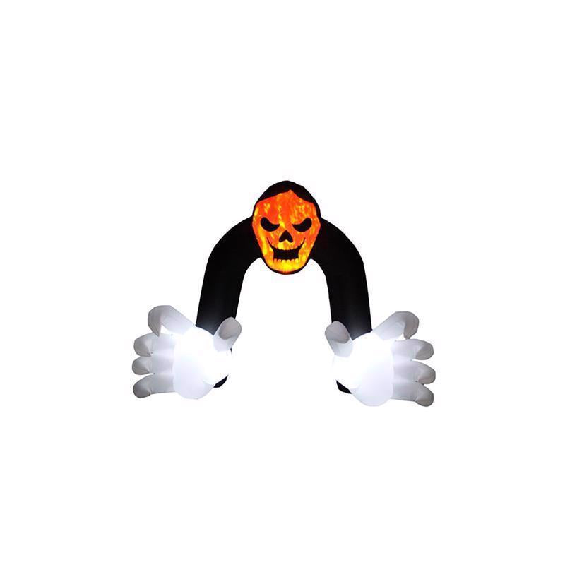 Halloween-themed decoration with a glowing face and white gloves on a white background