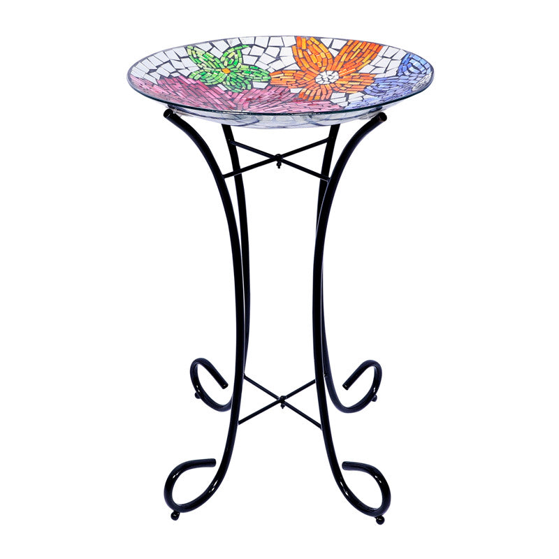 Alpine HMD106A Multicolored Glass/Metal 23 in. Floral Bird Bath with Stand