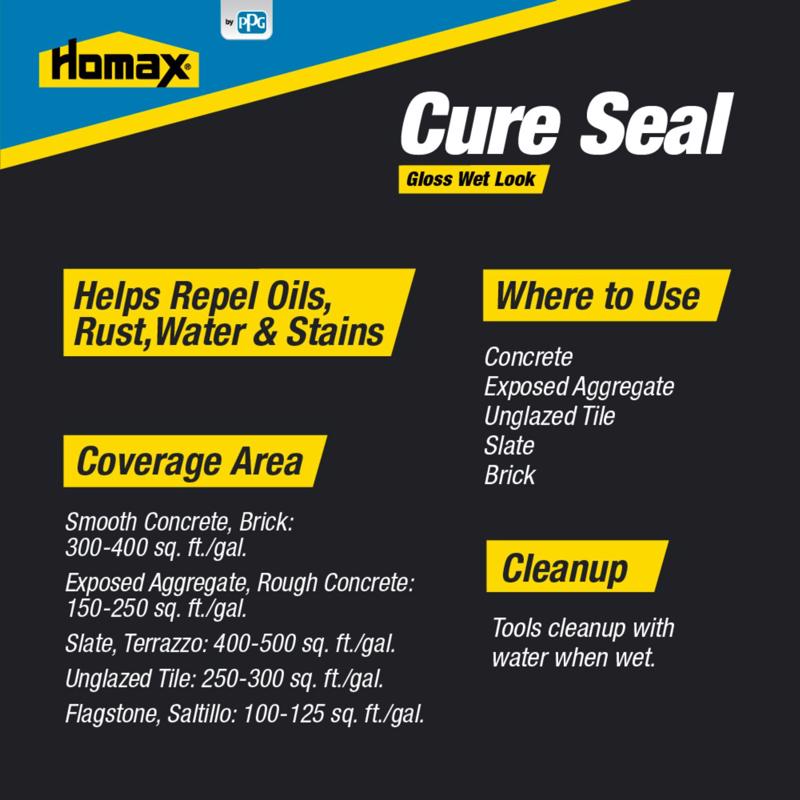 Homax 0613 Gloss Wet Look Cure Seal Clear Water-Based Sealer Product Usage Infographic