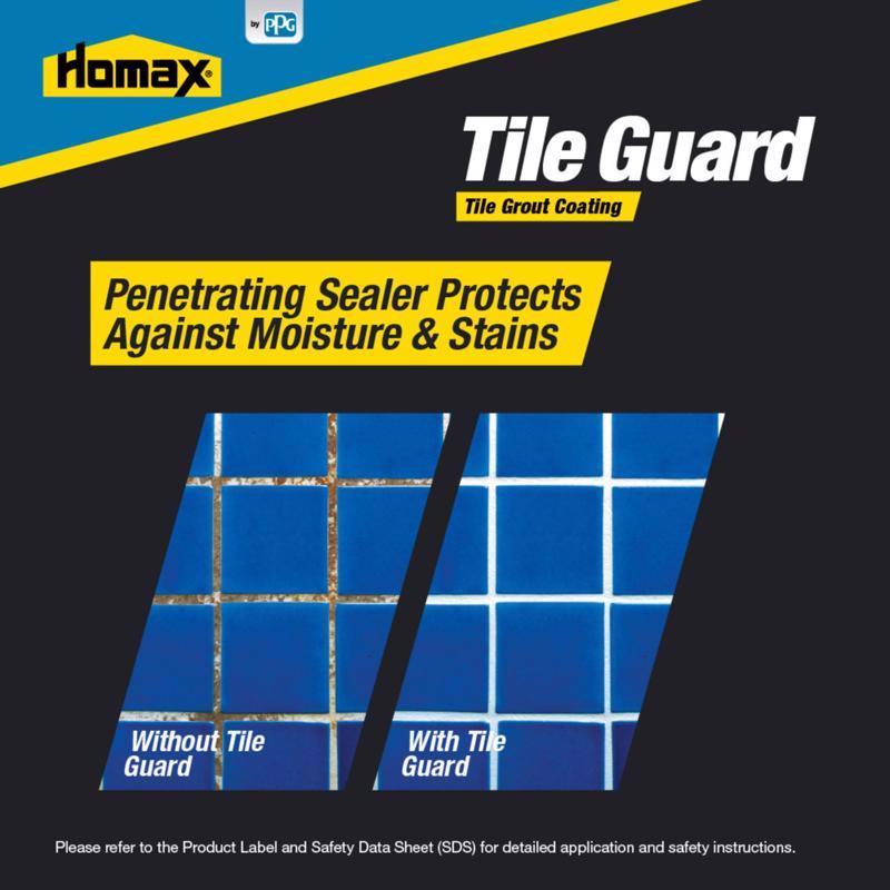 Advertisement for Homax Tile Guard tile grout coating with a visual comparison of grout protection.