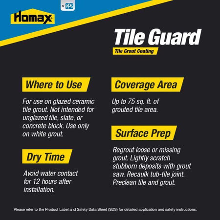 Tile Guard product information sheet with Homax branding on a black background