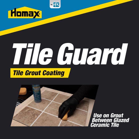 Advertisement for Homax Tile Guard tile grout coating with a product image and text.