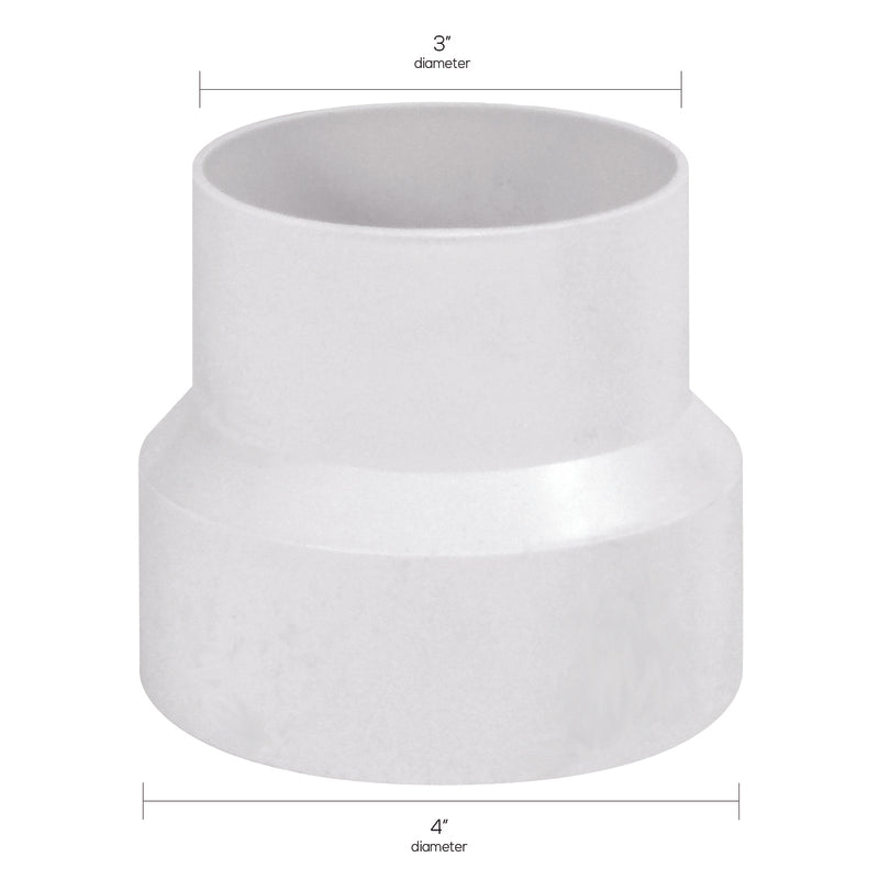Deflecto White Plastic Increaser-Reducer IRB43 with dimensions on a white background