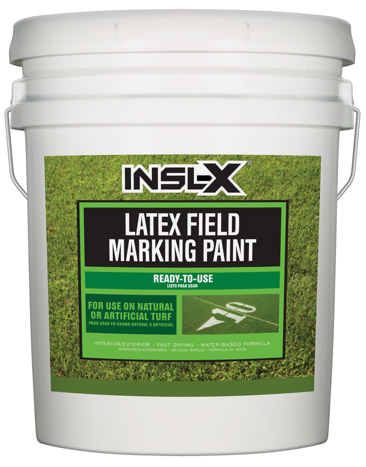 White bucket of INSL-X latex field marking paint with green label