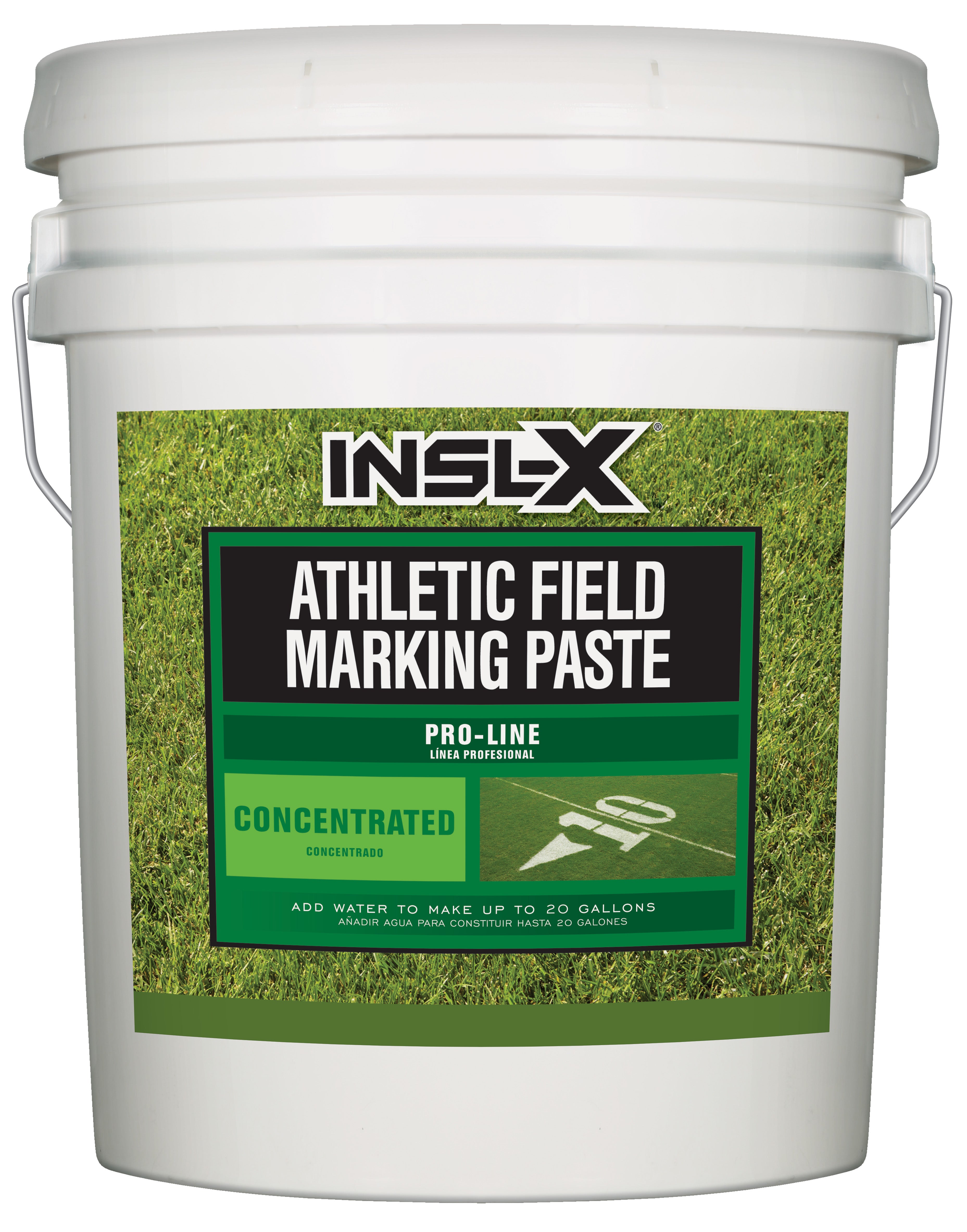 White bucket of INSL-X Athletic Field Marking Paste with green label
