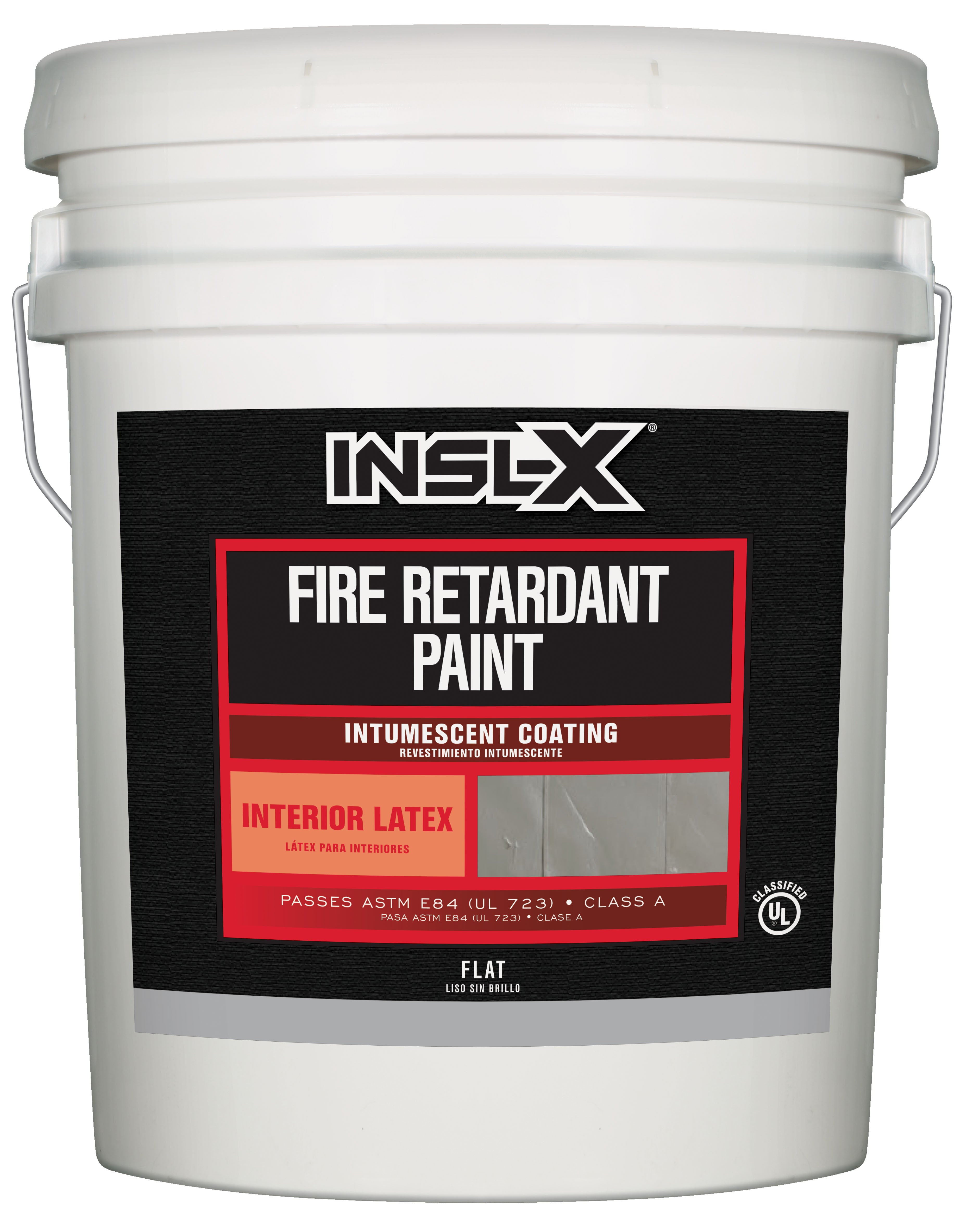White bucket of INSL-X fire retardant paint with label on a white background