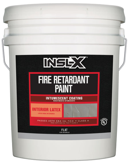 White bucket of INSL-X fire retardant paint with label on a white background