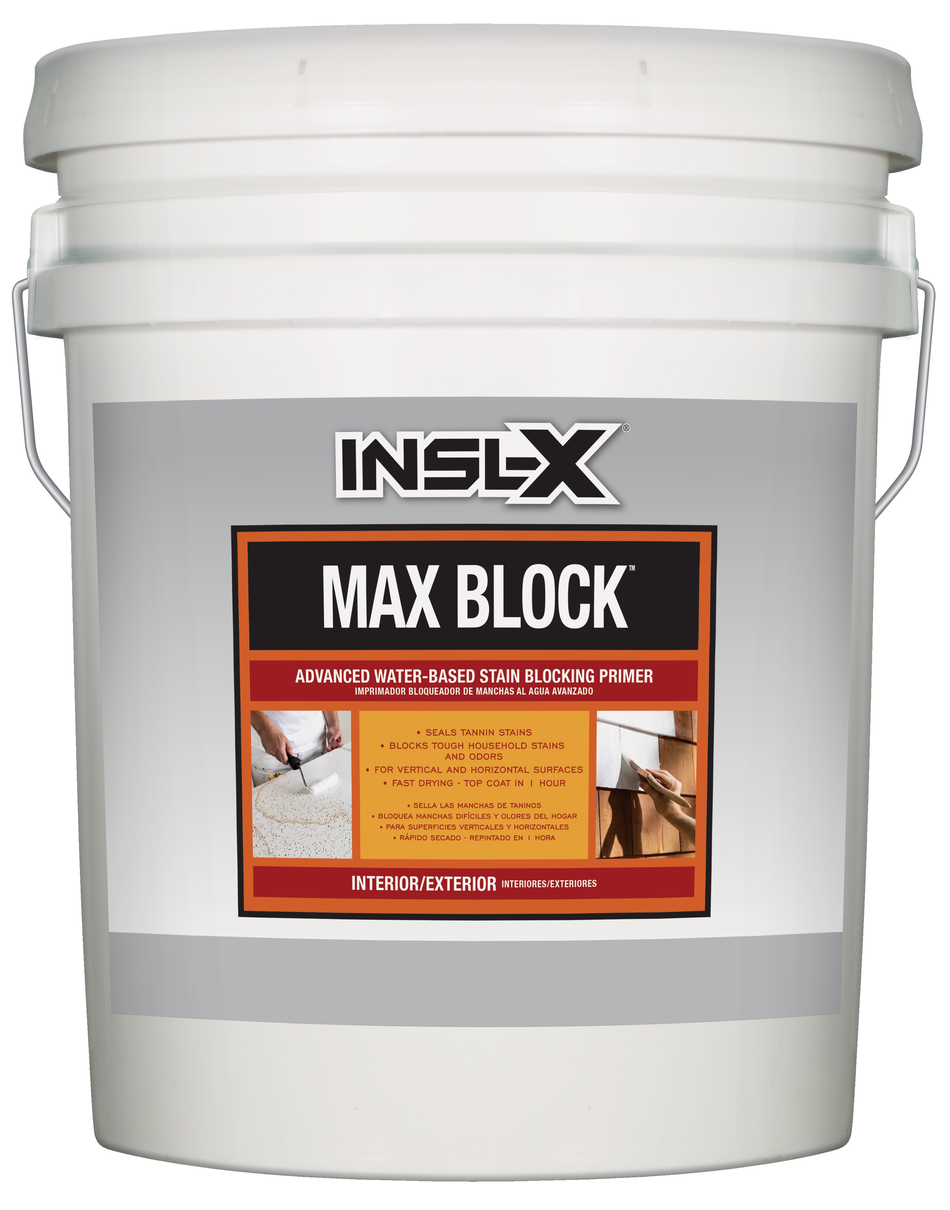 White bucket of INSL-X Max Block primer with label on a white background
