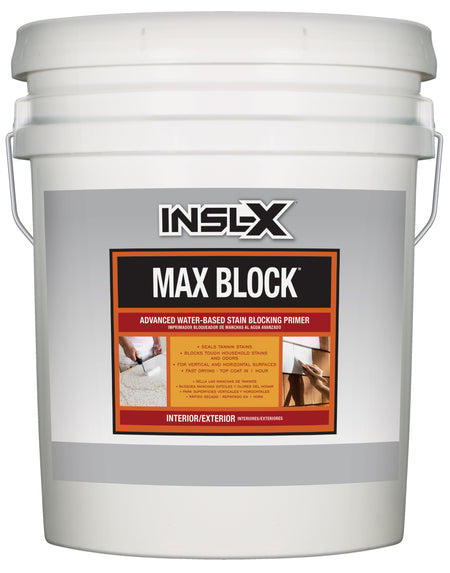 White bucket of INSL-X Max Block primer with label on a white background