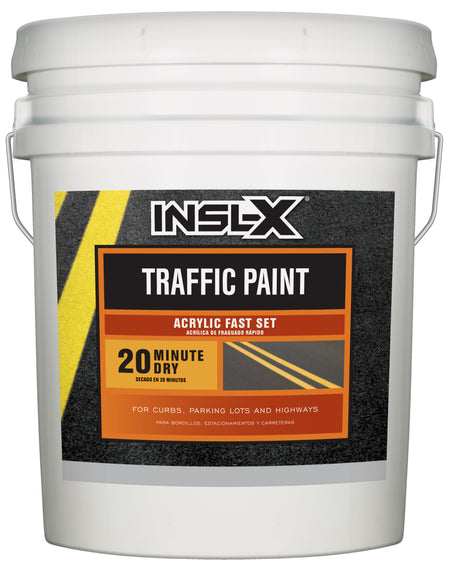 White bucket of INSL-X Acrylic Fast Set Traffic Paint  with label on a white background