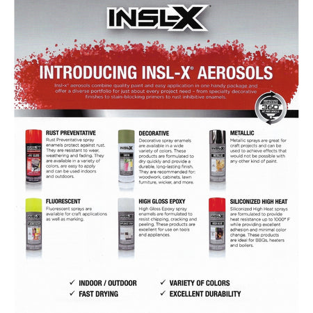 INSL-X Aerosols product line introduction with various spray paint cans displayed.