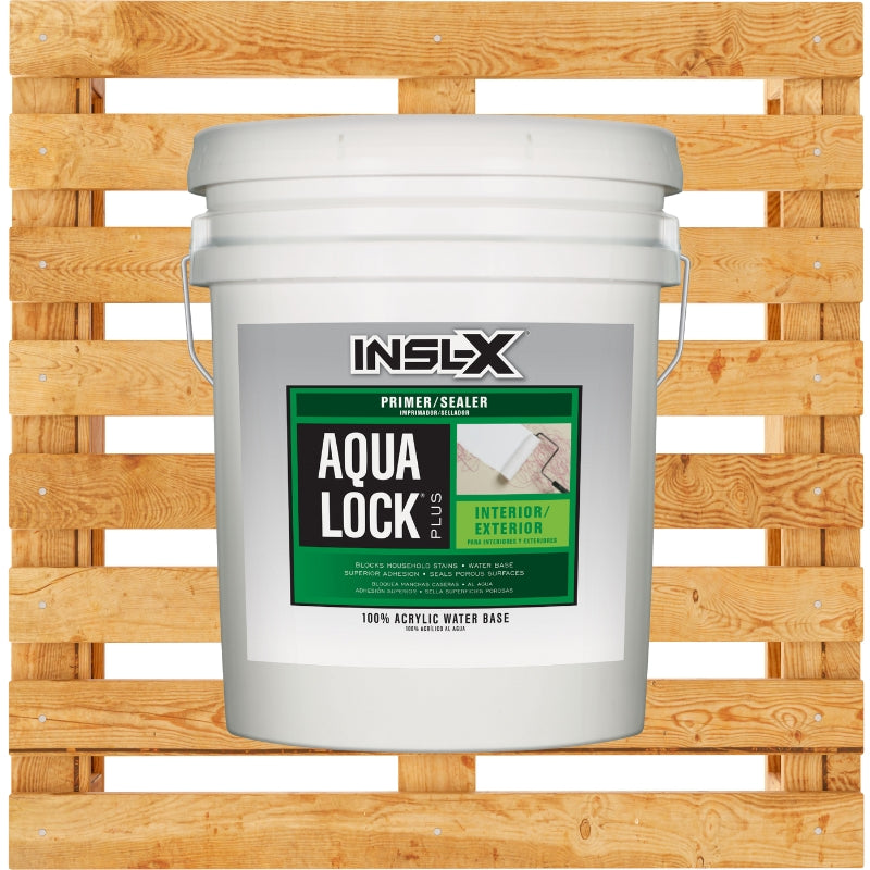 White bucket of INSL-X Aqua Lock Plus primer/sealer on a wooden pallet background