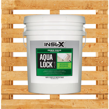 White bucket of INSL-X Aqua Lock Plus primer/sealer on a wooden pallet background