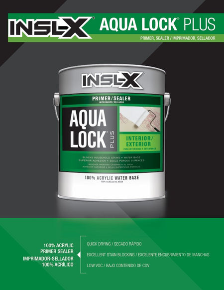 Insl-X Aqual Lock Plus Primer can on a dark background with product features
