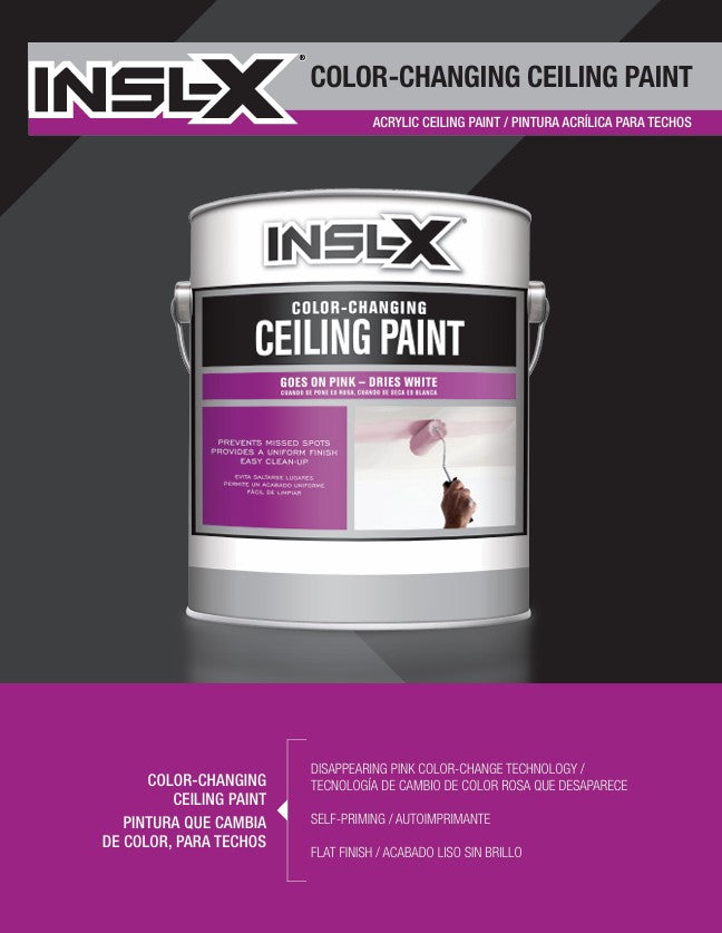 INSL-X color-changing ceiling paint can on a gray and purple background