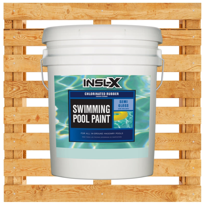 Five gallon bucket of Insl-X Chlorinated Rubber Swimming Pool paint on a wooden pallet background