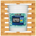 Five gallon bucket of Insl-X Chlorinated Rubber Swimming Pool paint on a wooden pallet background