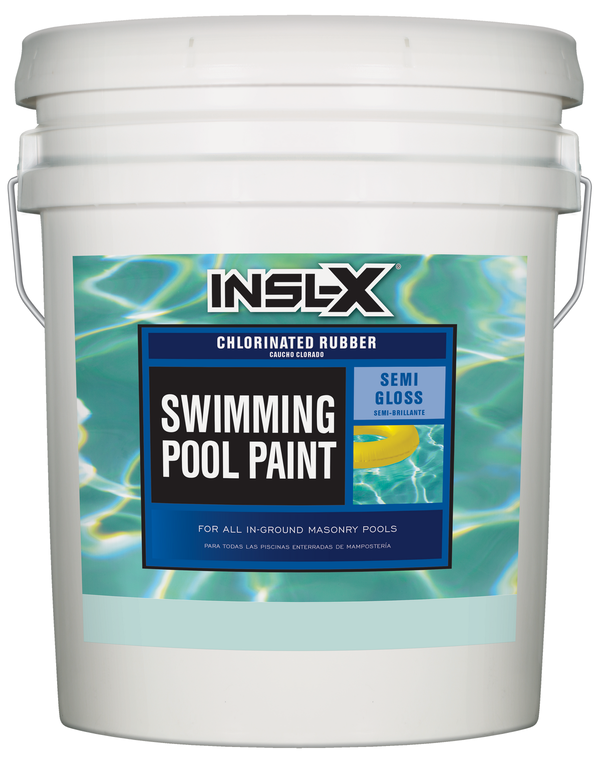 White bucket of INSL-X Chlorinated Rubber swimming pool paint with label on a white background