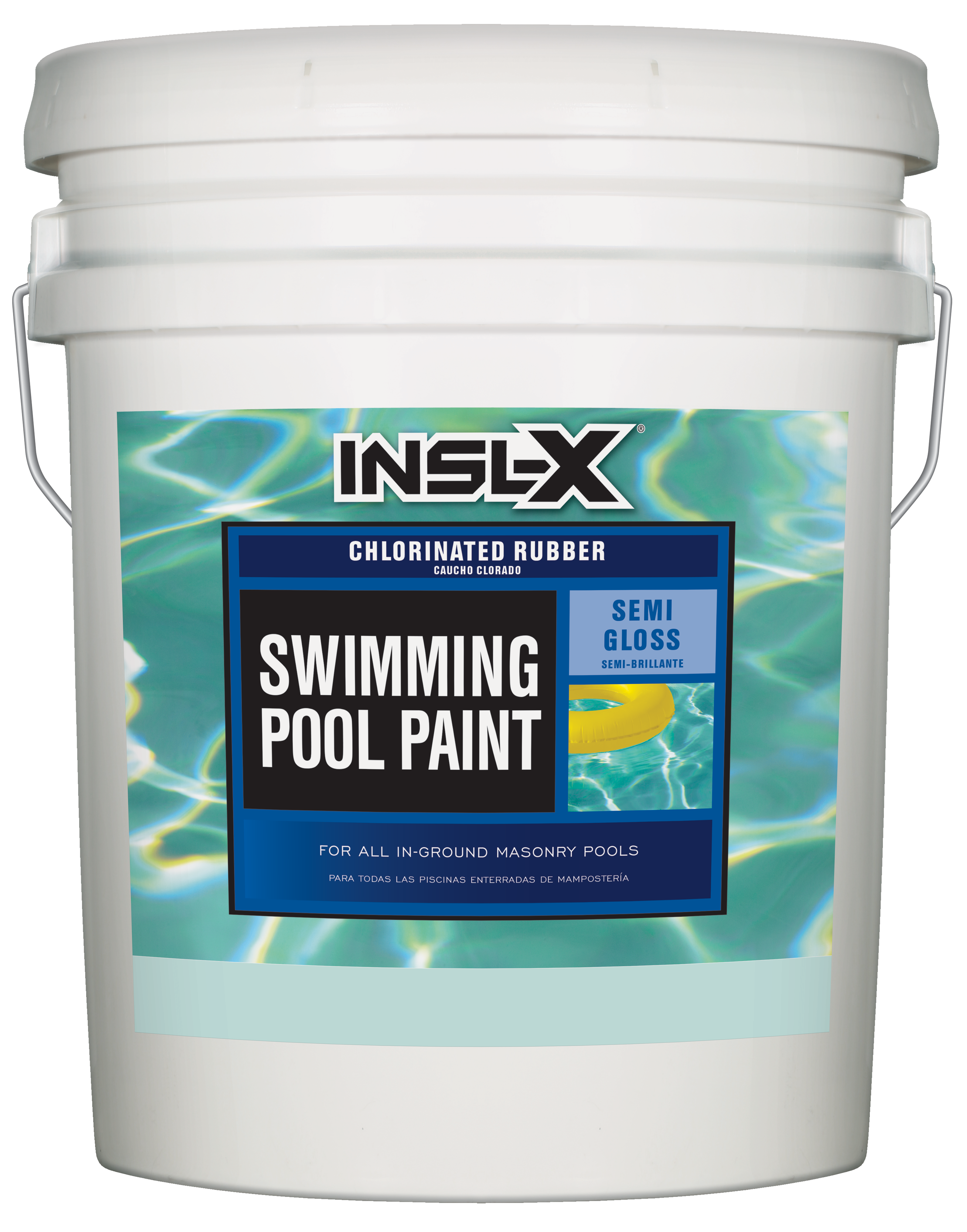 White bucket of INSL-X Chlorinated Rubber swimming pool paint with label on a white background