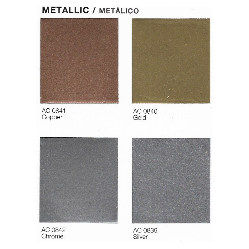 Color swatches for Insl-X Decorative Metallic spray labeled 'Copper', 'Gold', 'Chrome', and 'Silver' with metallic finishes.