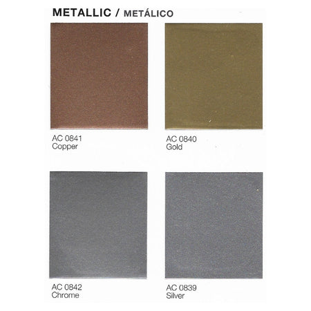 Color swatches for Insl-X Decorative Metallic spray labeled 'Copper', 'Gold', 'Chrome', and 'Silver' with metallic finishes.