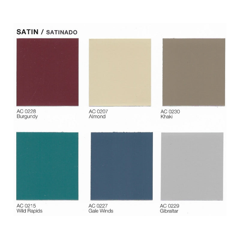 Color swatches labeled 'Satin' with various colors including Burgundy, Almond, Khaki, Wild Rapids, Gale Winds, and Gibraltar.