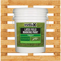 White bucket of INSL-X latex field marking paint on a wooden pallet