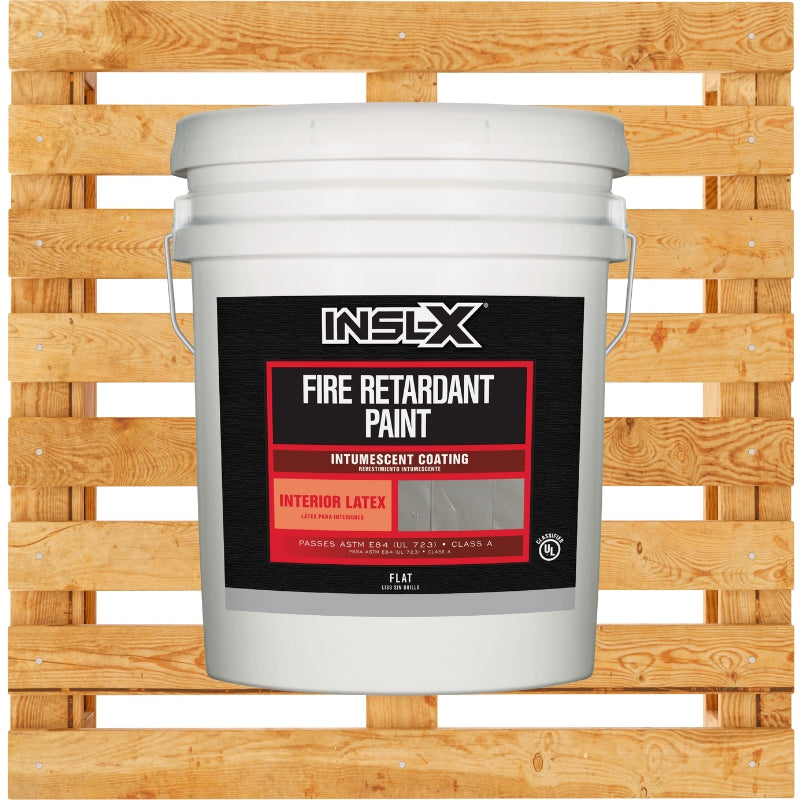 White bucket of INSL-X fire retardant paint on a wooden pallet