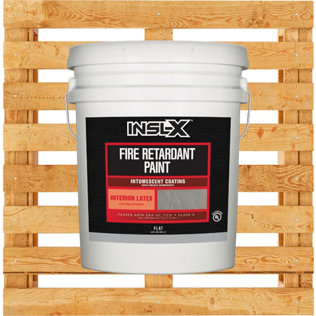 White bucket of INSL-X fire retardant paint on a wooden pallet
