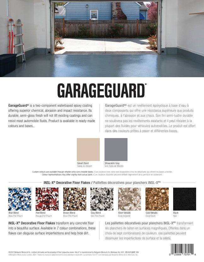 Advertisement for GarageGuard epoxy coating with a garage floor and exterior wall in the background.