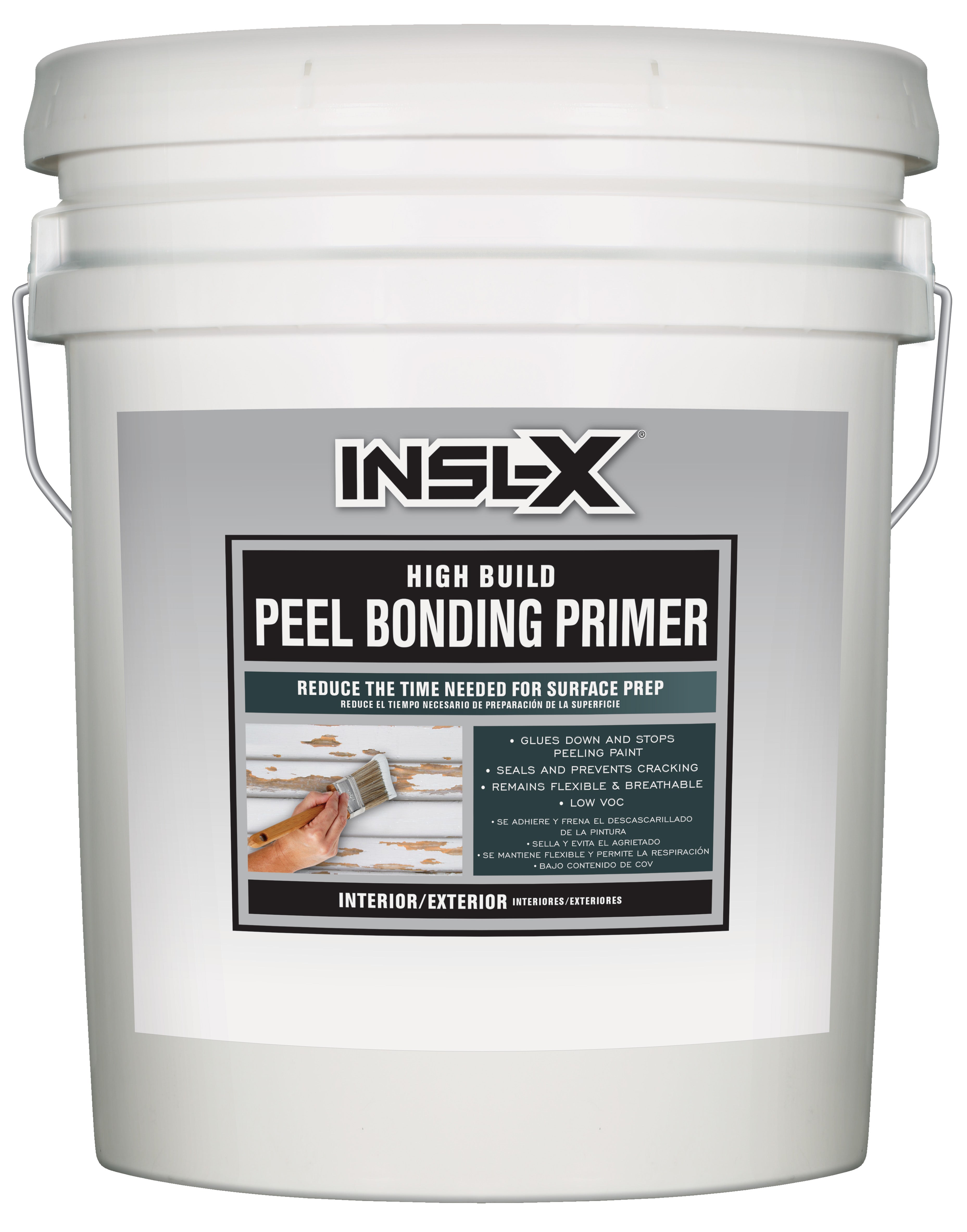 White 5 gallon bucket of INSL-X high build peel bonding primer on a white background