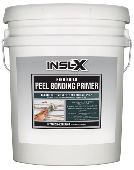 White 5 gallon bucket of INSL-X high build peel bonding primer on a white background